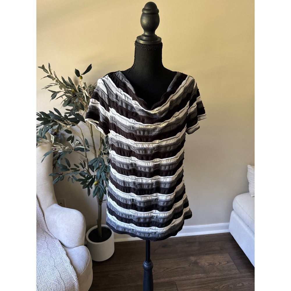 Dana Buchman Cowl Neck Textured Stripe Short Sleeve Top Black Grey White Medium
